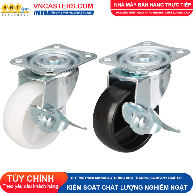 Bánh xe nhựa PP đen không bi càng thép mặt bích tải nhẹ - Hình 1