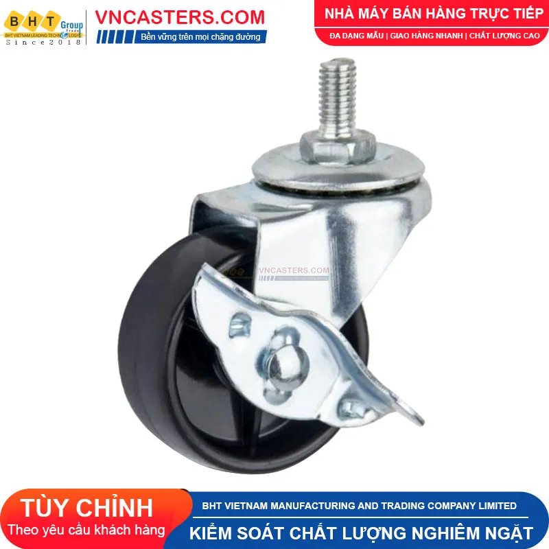 Bánh xe nhựa PP đen không bi càng thép cọc ren tải nhẹ